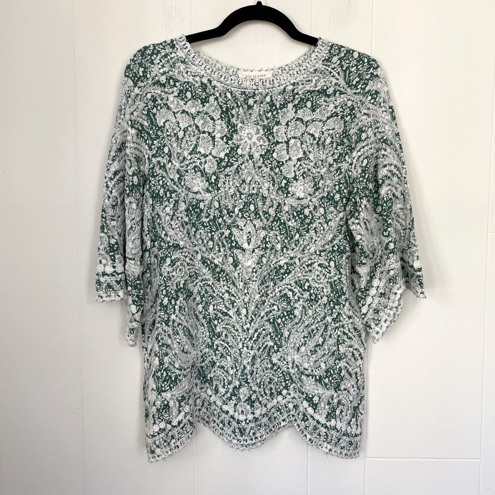 Solitaire Green White Floral Embroidered Blouse ~ 3/4 Sleeves ~ Women’s Size L